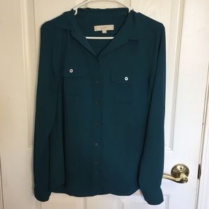 Ann Taylor LOFT deep teal button-up blouse